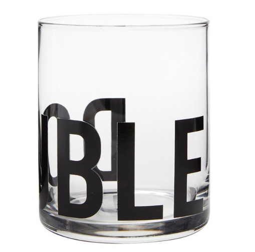 FULL MOOD crystal clear glass tumbler featuring bold black typographic DOUBLE design for whiskey and cocktails.