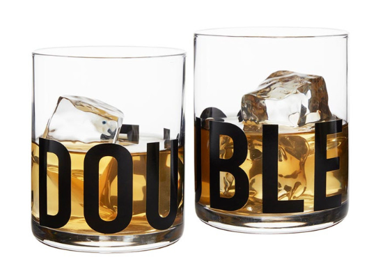FULL MOOD set of two clear glass whiskey tumblers featuring bold black DOUBLE typography and ice cubes