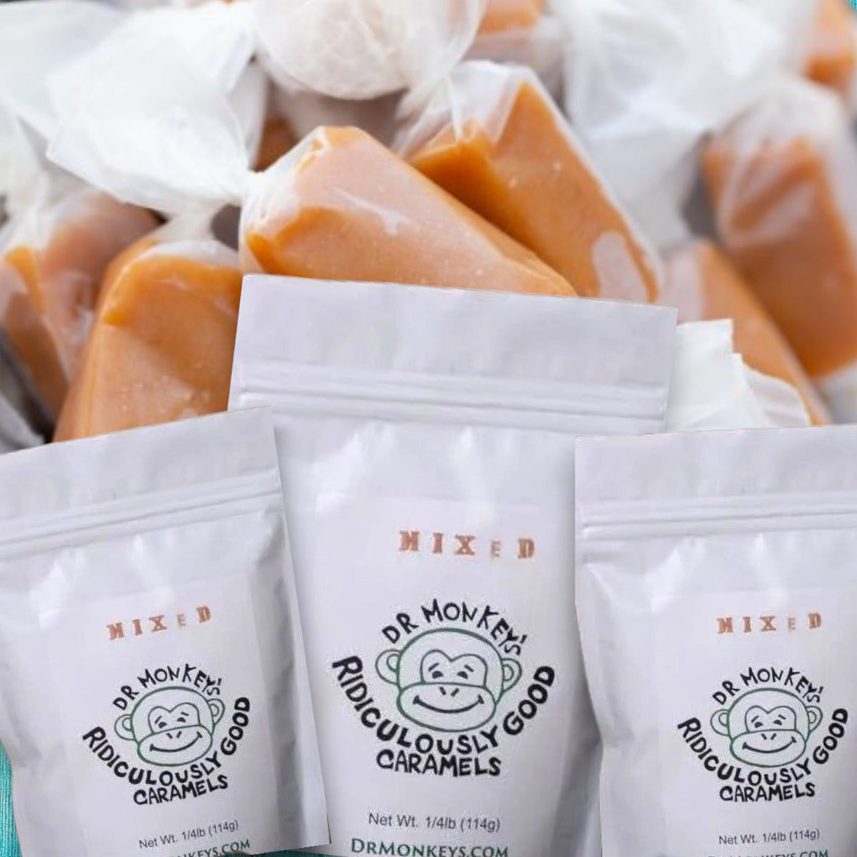 FULL MOOD Dr. Monkey's Monkey Mix caramel bags with individually wrapped golden caramel candies in the background