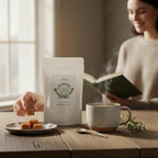 FULL MOOD DR MONKEYS coffee caramels in a resealable pouch next to a steaming mug and a woman reading a book.