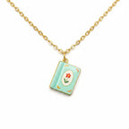 FULL MOOD 18K gold plated stainless steel necklace featuring a light blue enamel book pendant with a flower design