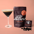 FULL MOOD Stir Sessions Espresso Martini cocktail mix pouch and single packet with a prepared martini in a glass