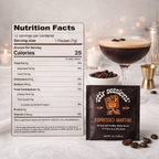 FULL MOOD Stir Sessions Espresso Martini cocktail mix packet with nutrition facts label and prepared drink
