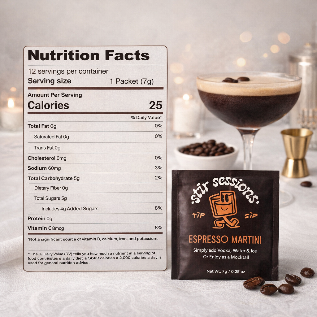FULL MOOD Stir Sessions Espresso Martini cocktail mix packet with nutrition facts label and prepared drink