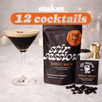 FULL MOOD Stir Sessions Espresso Martini cocktail mix pack with a prepared martini in a glass and coffee beans