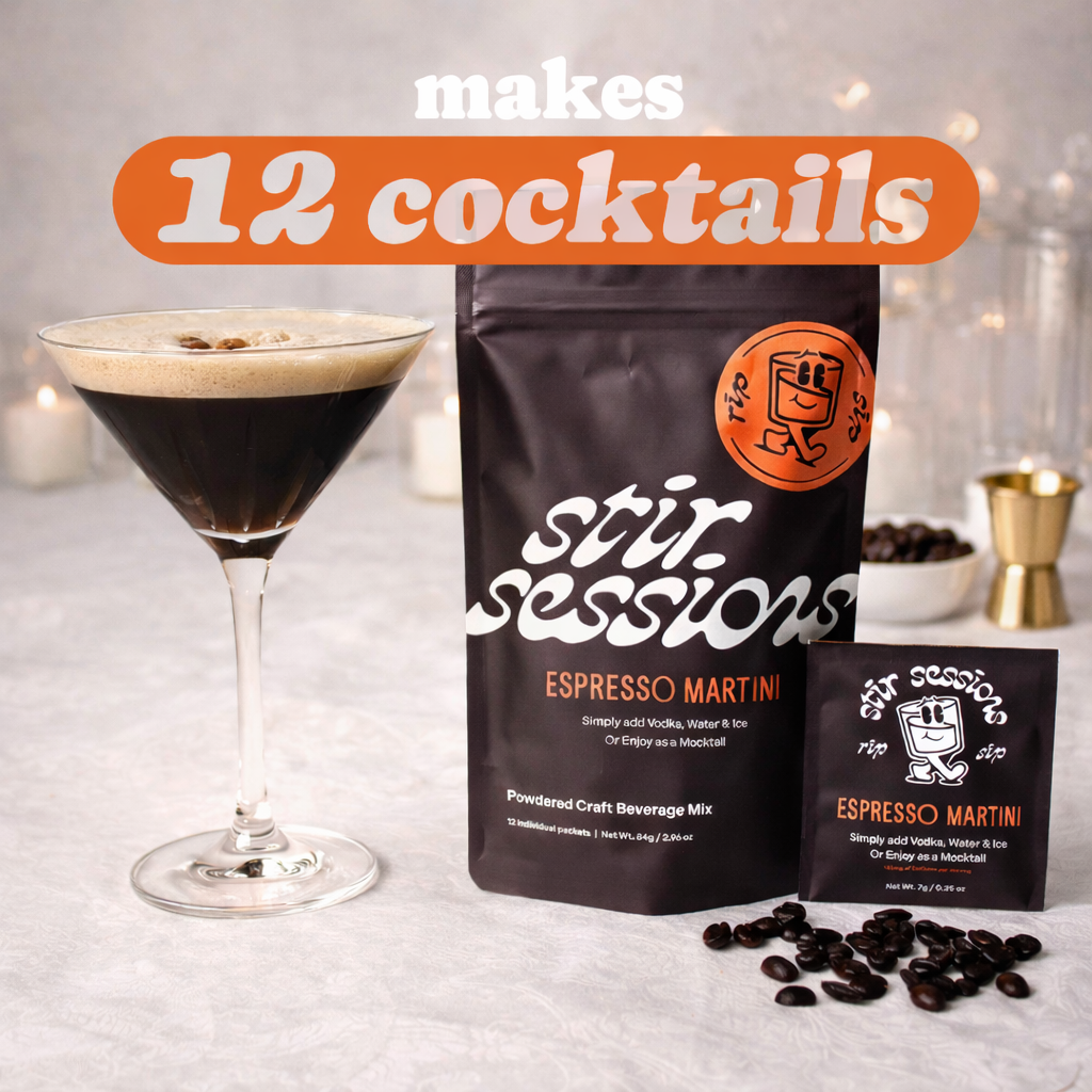 FULL MOOD Stir Sessions Espresso Martini cocktail mix pack with a prepared martini in a glass and coffee beans