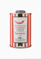 FULL MOOD Frantoio Galantino Peperoncino chili infused extra virgin olive oil in a decorative red and white striped tin