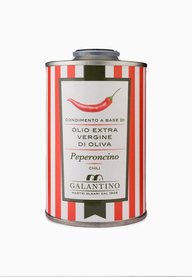 FULL MOOD Frantoio Galantino Peperoncino chili infused extra virgin olive oil in a decorative red and white striped tin