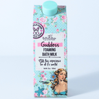 FULL MOOD Goddess Foaming Bath Milk in a light blue floral carton with vintage-style illustration and vegan label.