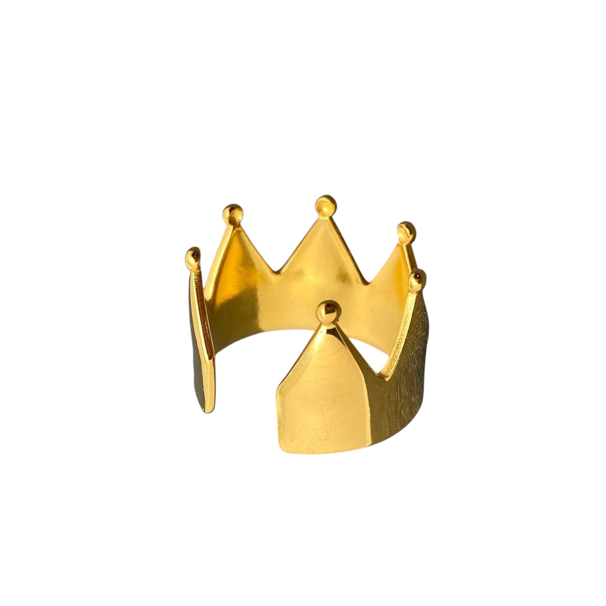 FULL MOOD 18K gold plated stainless steel crown ring with a high polish finish and adjustable open band design.