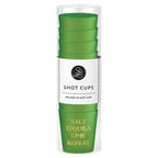 FULL MOOD set of 10 green shatterproof plastic shot glasses with Salt Tequila Lime Repeat text in clear packaging