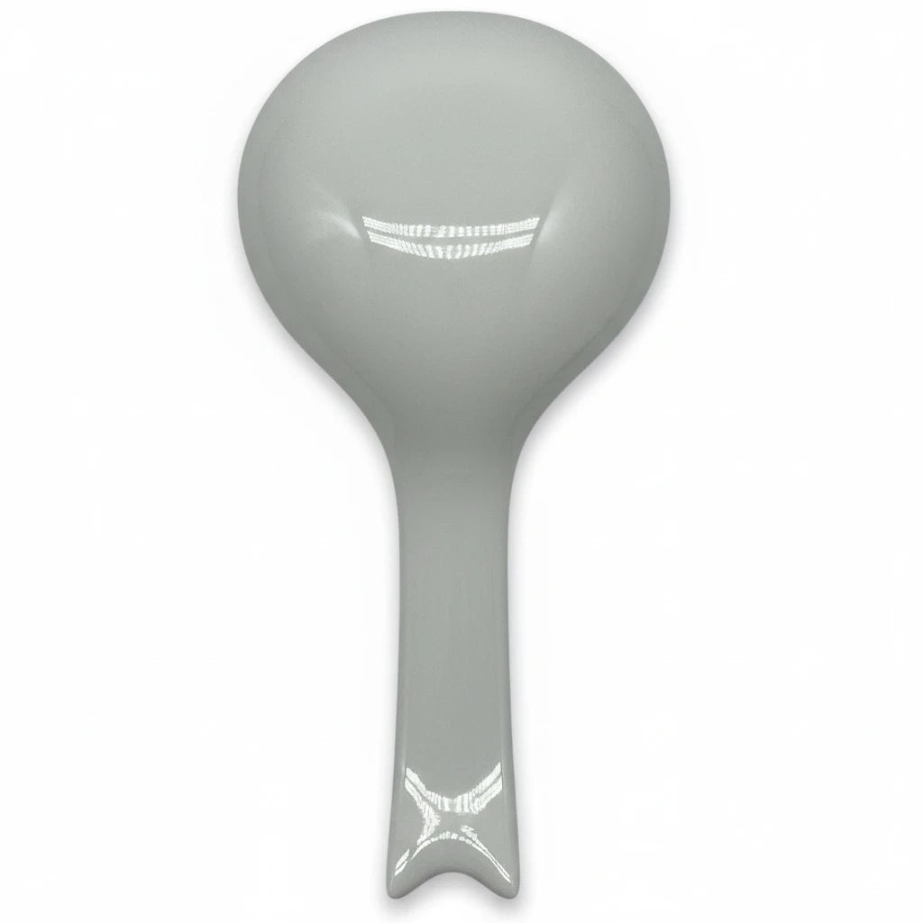 FULL MOOD ceramic spoon rest in a glossy grey finish, designed for keeping kitchen countertops clean while cooking.