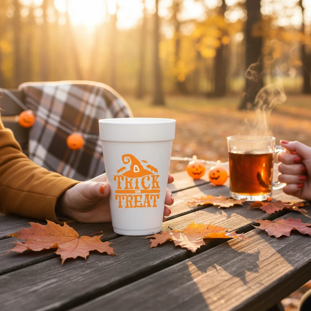 FULL MOOD 20oz white styrofoam cup with orange Trick or Treat Halloween print held at an outdoor autumn picnic.
