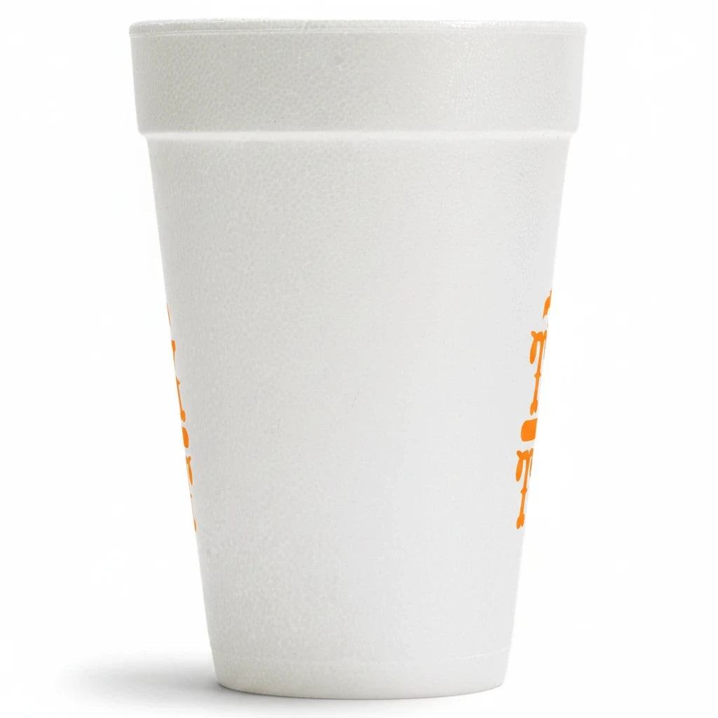 FULL MOOD 20oz white styrofoam cup with orange Trick or Treat Halloween design for parties and seasonal gatherings
