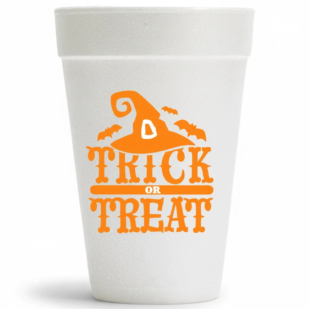 FULL MOOD 20oz white styrofoam cup with orange Trick or Treat text and witch hat graphic for Halloween parties