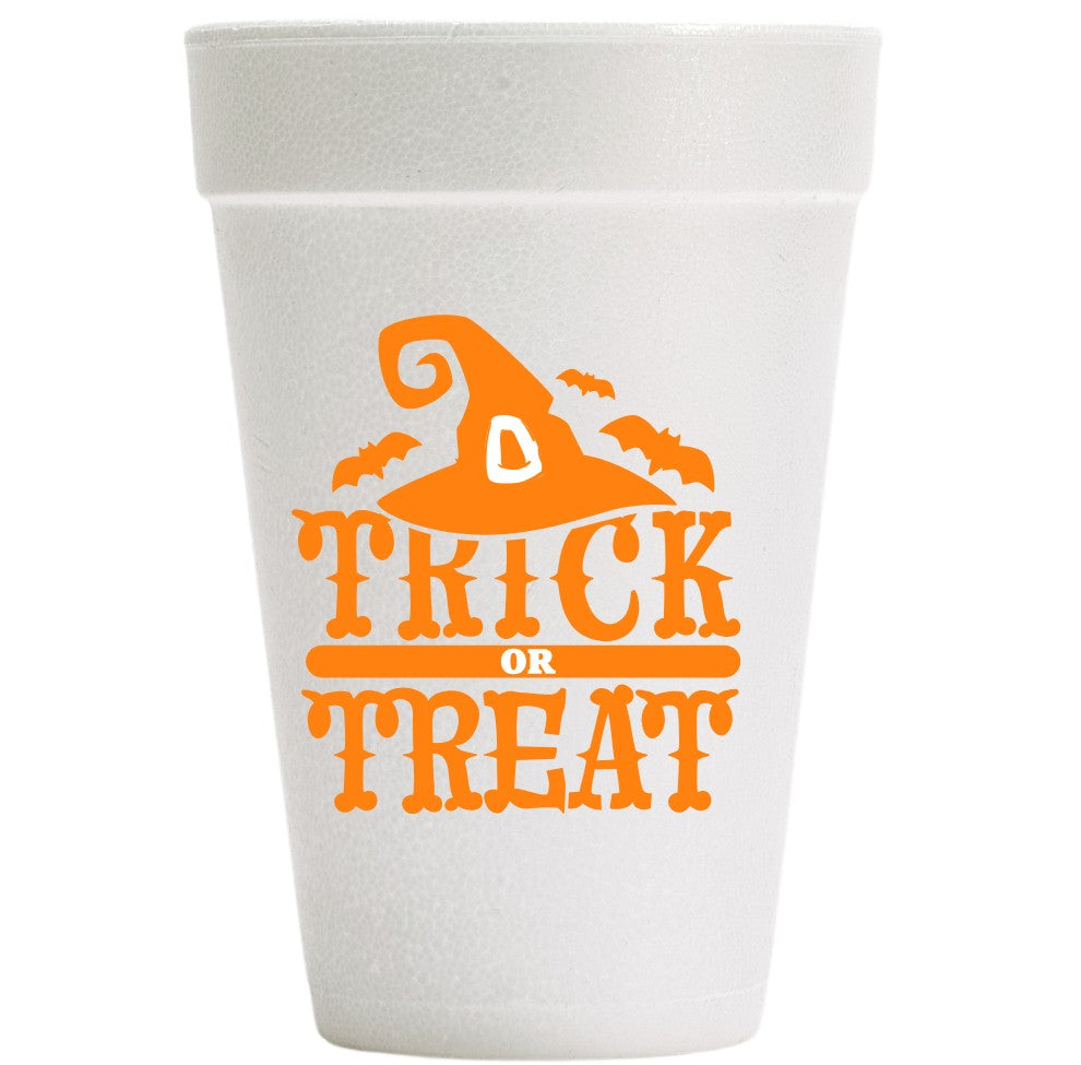 FULL MOOD 20oz white styrofoam cup with orange Trick or Treat Halloween witch hat and bat graphic