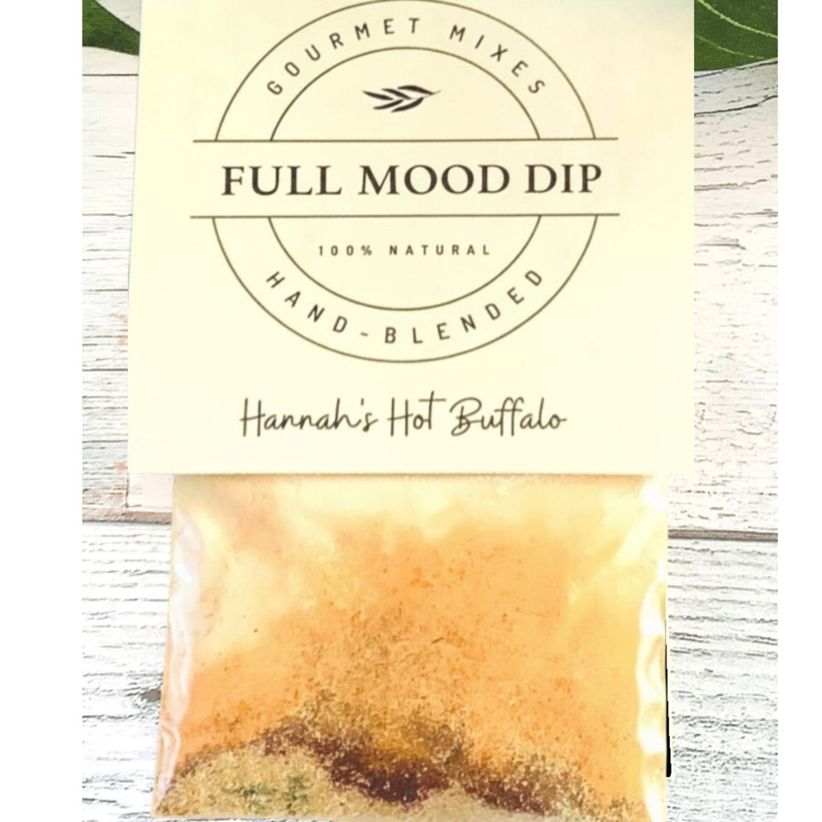 FULL MOOD Hannah's Hot Buffalo seasoning dip mix packet with gourmet spice blend on a rustic white wood background