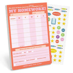 FULL MOOD homework planning pad with a pink weekly tracker and a sheet of colorful reward stickers for students.