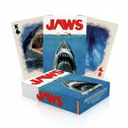 FULL MOOD JAWS themed playing cards featuring iconic movie poster art and shark imagery on the deck and individual cards