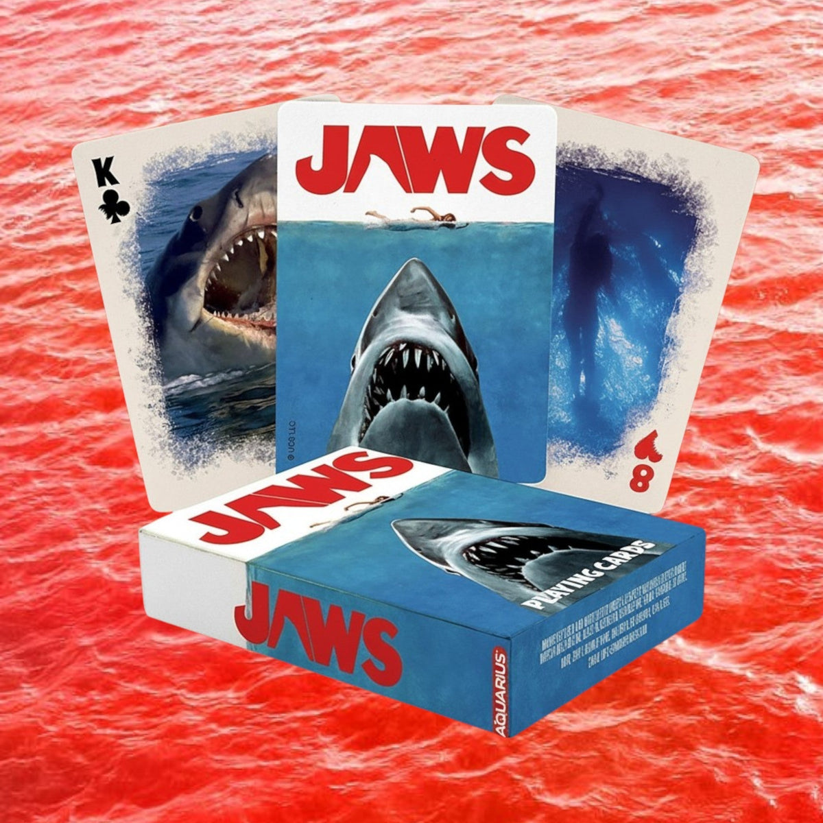 FULL MOOD JAWS themed playing cards featuring iconic movie poster art and shark imagery on a red water background