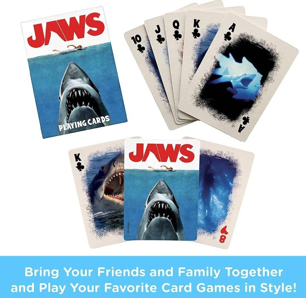 FULL MOOD JAWS themed playing cards featuring iconic shark movie artwork on the box and individual card faces