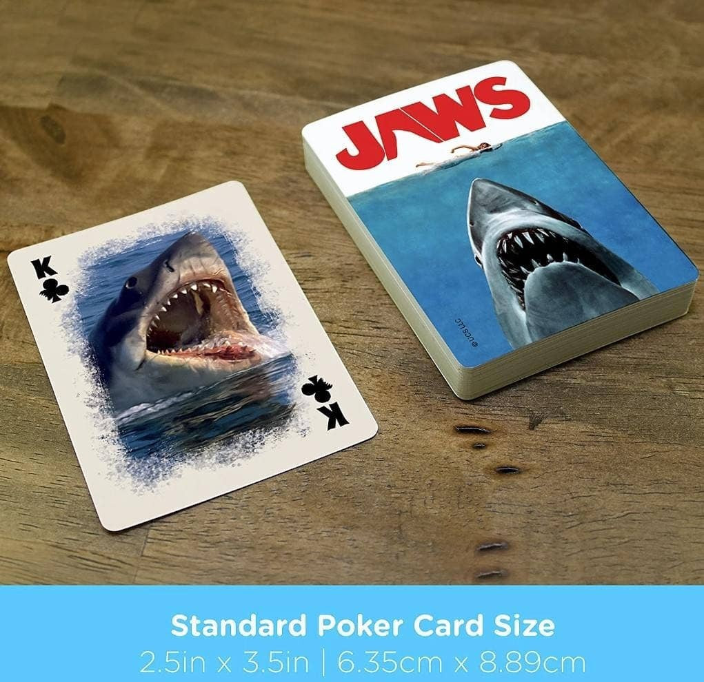FULL MOOD JAWS themed playing cards featuring a shark illustration on the deck box and King of Clubs card