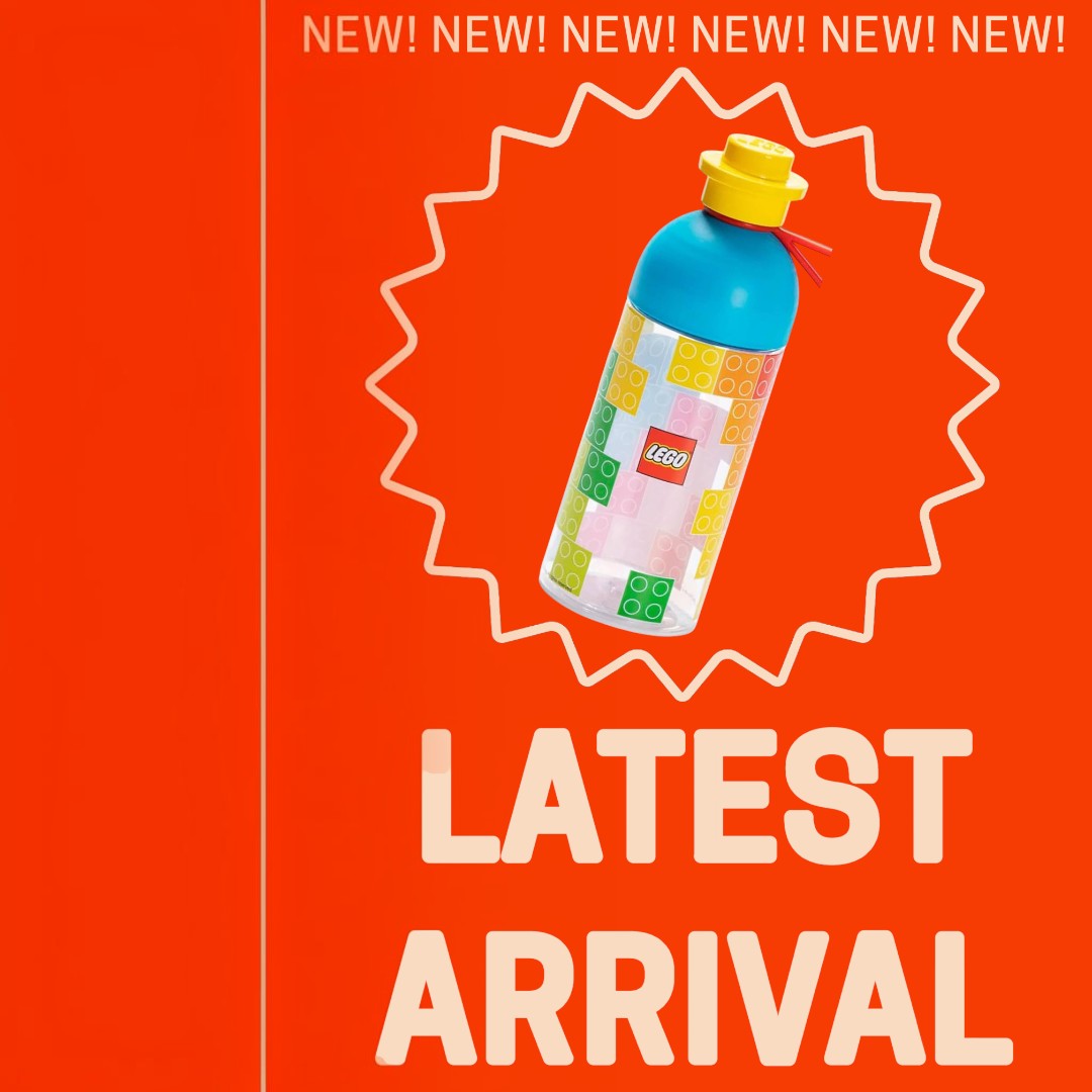 FULL MOOD LEGO 16 ounce plastic hydration bottle with a colorful block pattern, blue top, and yellow LEGO brick cap.