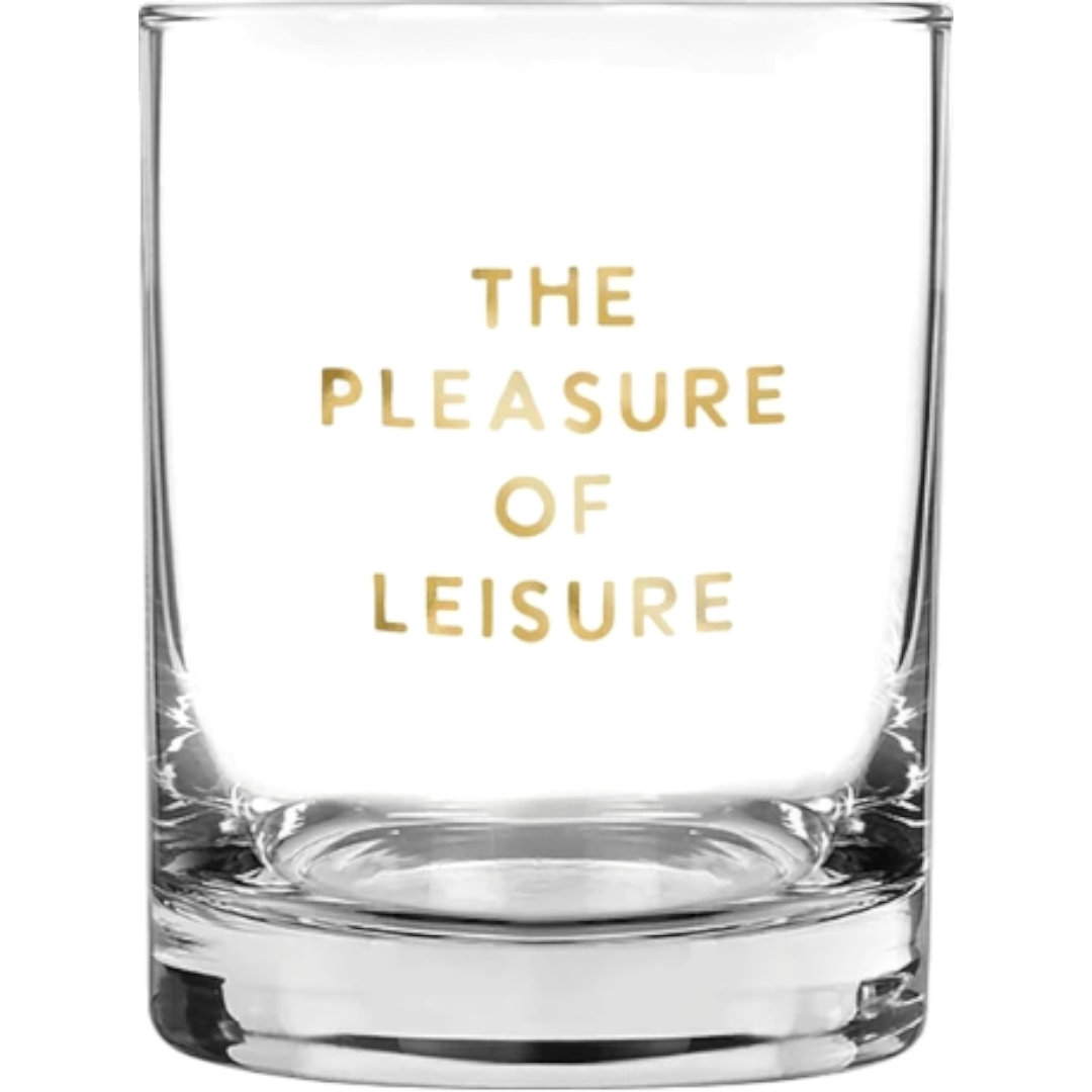 FULL MOOD crystal clear drinking glass with The Pleasure of Leisure inscription in elegant gold lettering