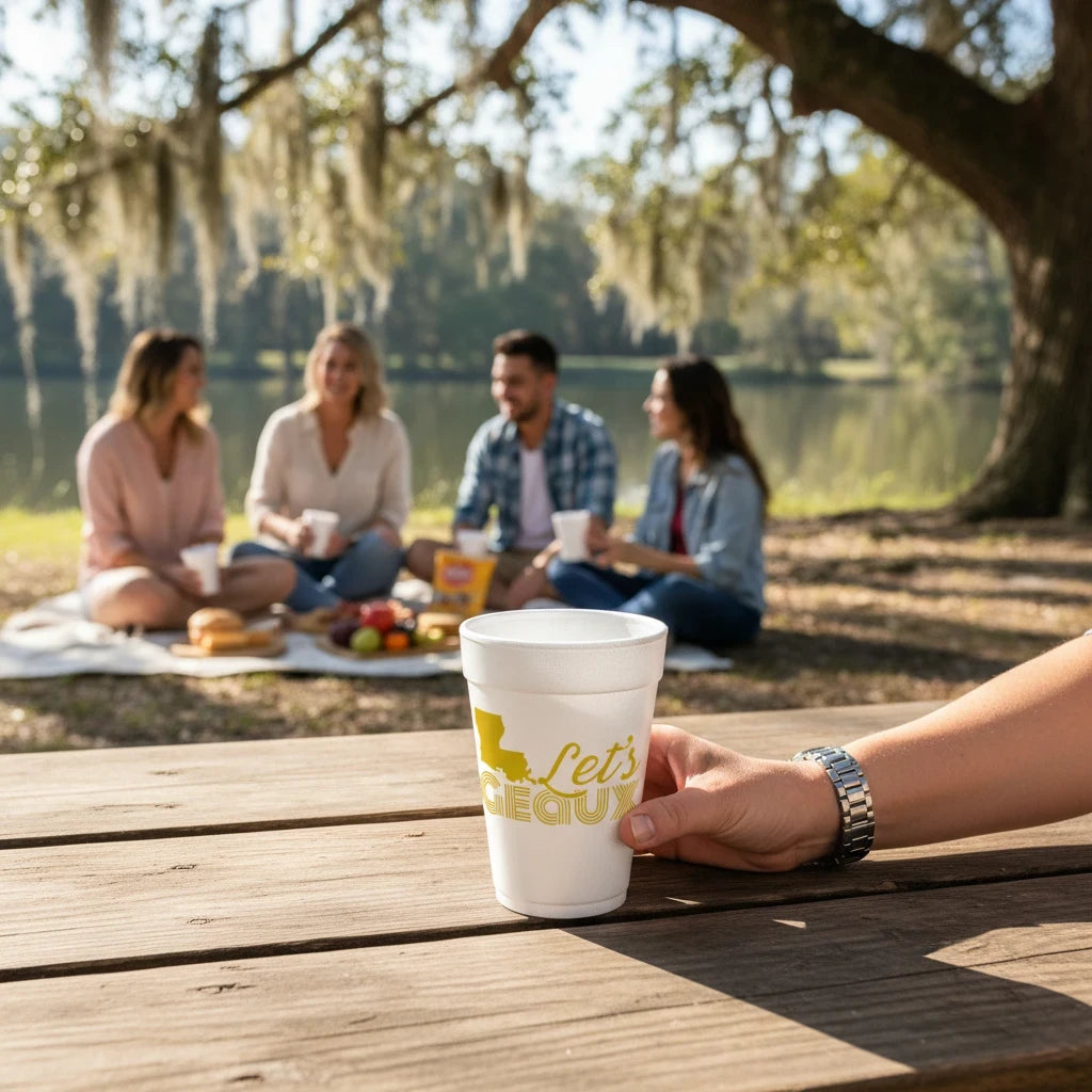 FULL MOOD Let's Geaux Tigers 20oz styrofoam cup held on a wooden table with a blurred picnic scene in the background