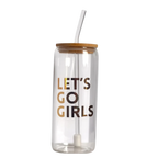 FULL MOOD 16oz clear glass cold brew tumbler with bamboo lid, glass straw, and Let's Go Girls gold typography.