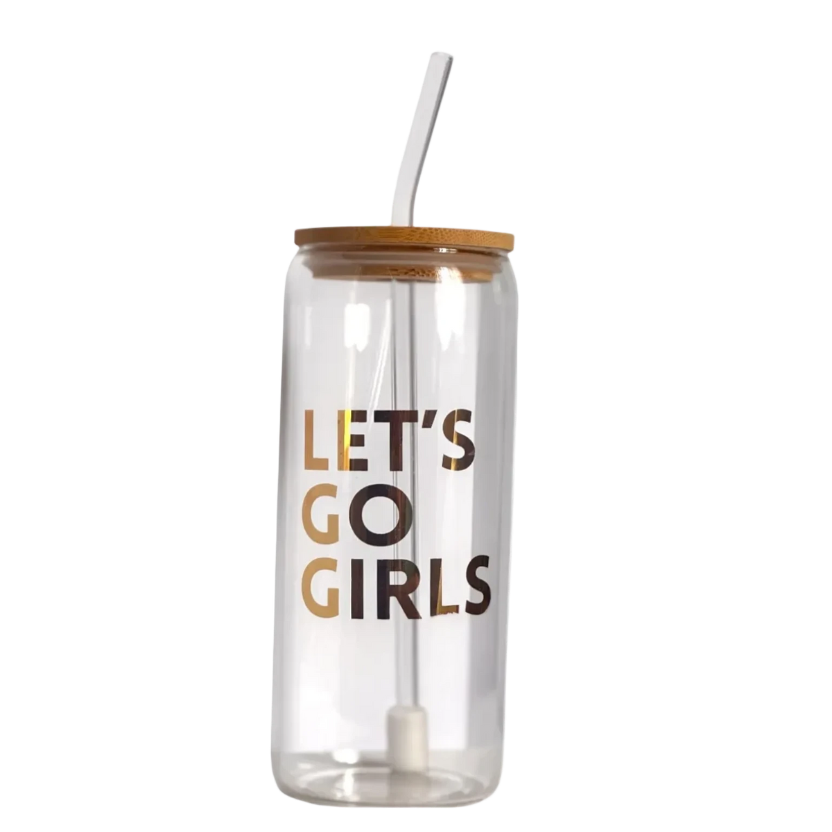 FULL MOOD 16oz clear glass cold brew tumbler with bamboo lid, glass straw, and Let's Go Girls gold typography.