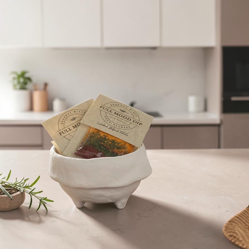 FULL MOOD Loaded Baked Potato seasoning dip mix packet in a small white ceramic bowl on a kitchen counter