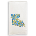FULL MOOD white cotton kitchen towel featuring a blue Louisiana state map outline with botanical magnolia flowers.