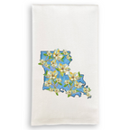 FULL MOOD white cotton kitchen towel featuring a blue Louisiana state map outline with botanical magnolia flowers.