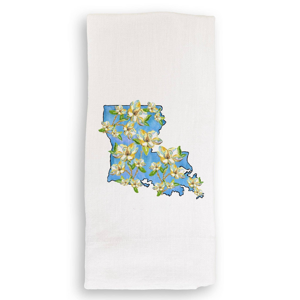 FULL MOOD white cotton kitchen towel featuring a blue Louisiana state map outline with botanical magnolia flowers