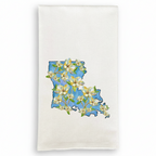 FULL MOOD white cotton kitchen towel featuring a blue Louisiana state map outline with botanical magnolia flowers.