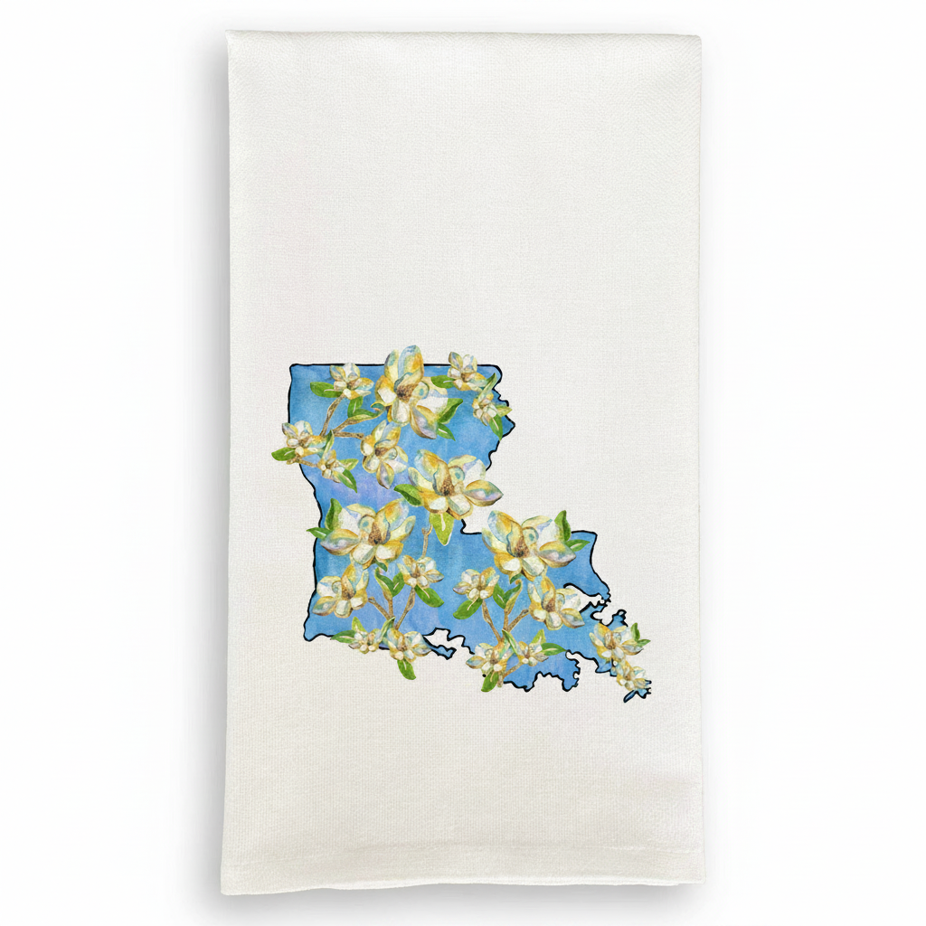 FULL MOOD white cotton kitchen towel featuring a blue Louisiana state map outline with botanical magnolia flowers.