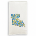 FULL MOOD white cotton kitchen towel featuring a blue Louisiana state map outline with botanical magnolia flowers.