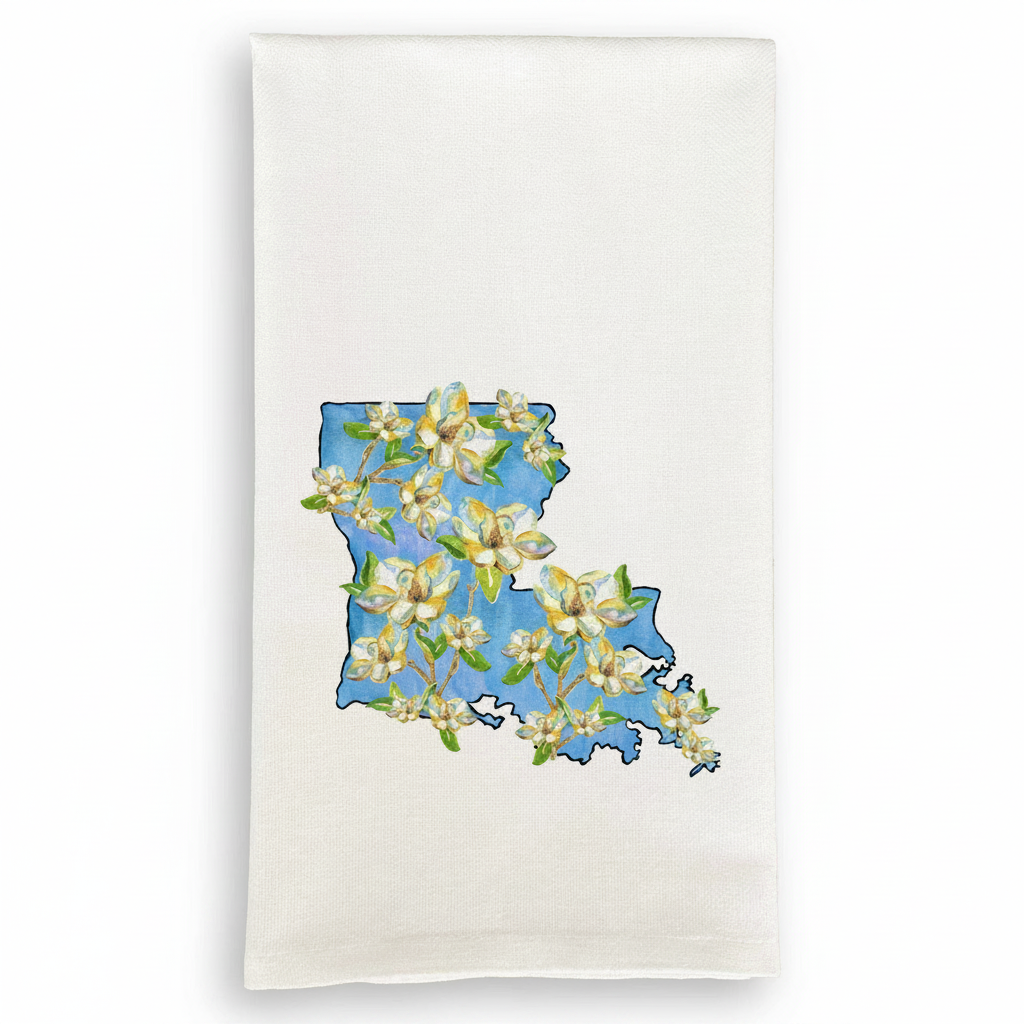 FULL MOOD white cotton kitchen towel featuring a blue Louisiana state map outline with botanical magnolia flowers.