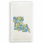 FULL MOOD cotton kitchen towel featuring a blue Louisiana state map outline with white magnolia flower illustrations.