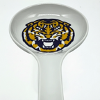 FULL MOOD white ceramic spoon rest featuring the LSU Tigers logo for kitchen countertop organization