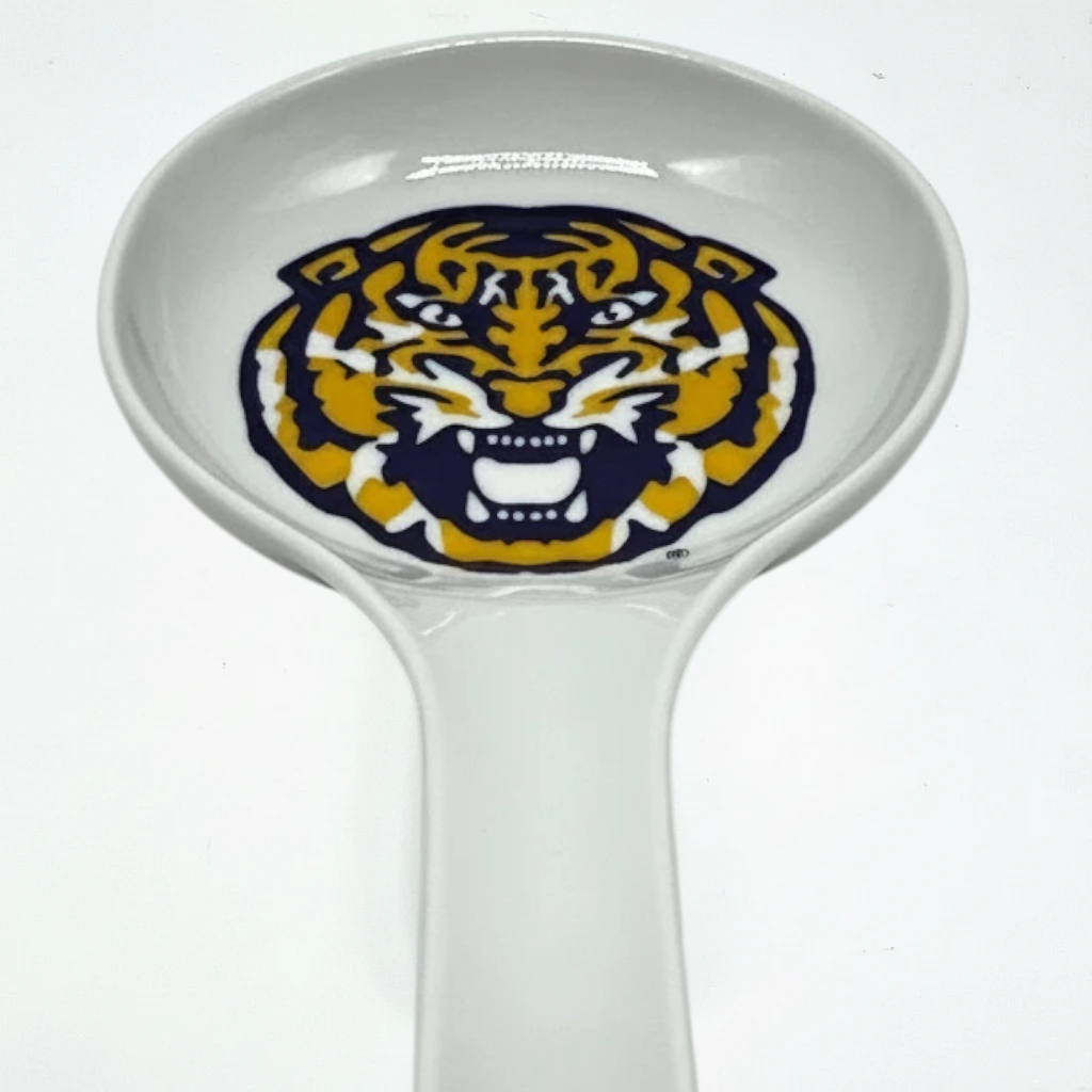 FULL MOOD white ceramic spoon rest featuring the LSU Tigers logo for kitchen countertop organization