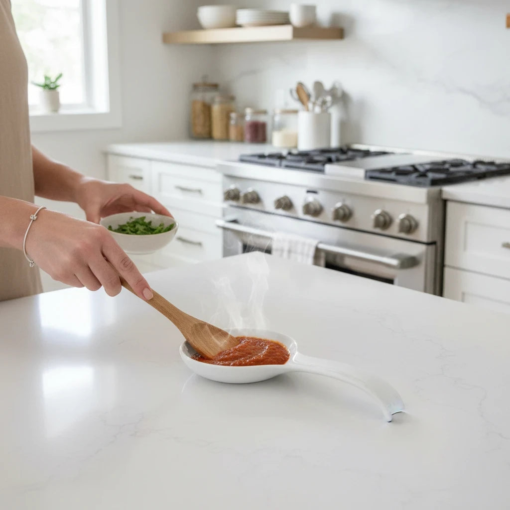 FULL MOOD white ceramic spoon rest with LSU Tigers logo holding a wooden spoon on a kitchen countertop