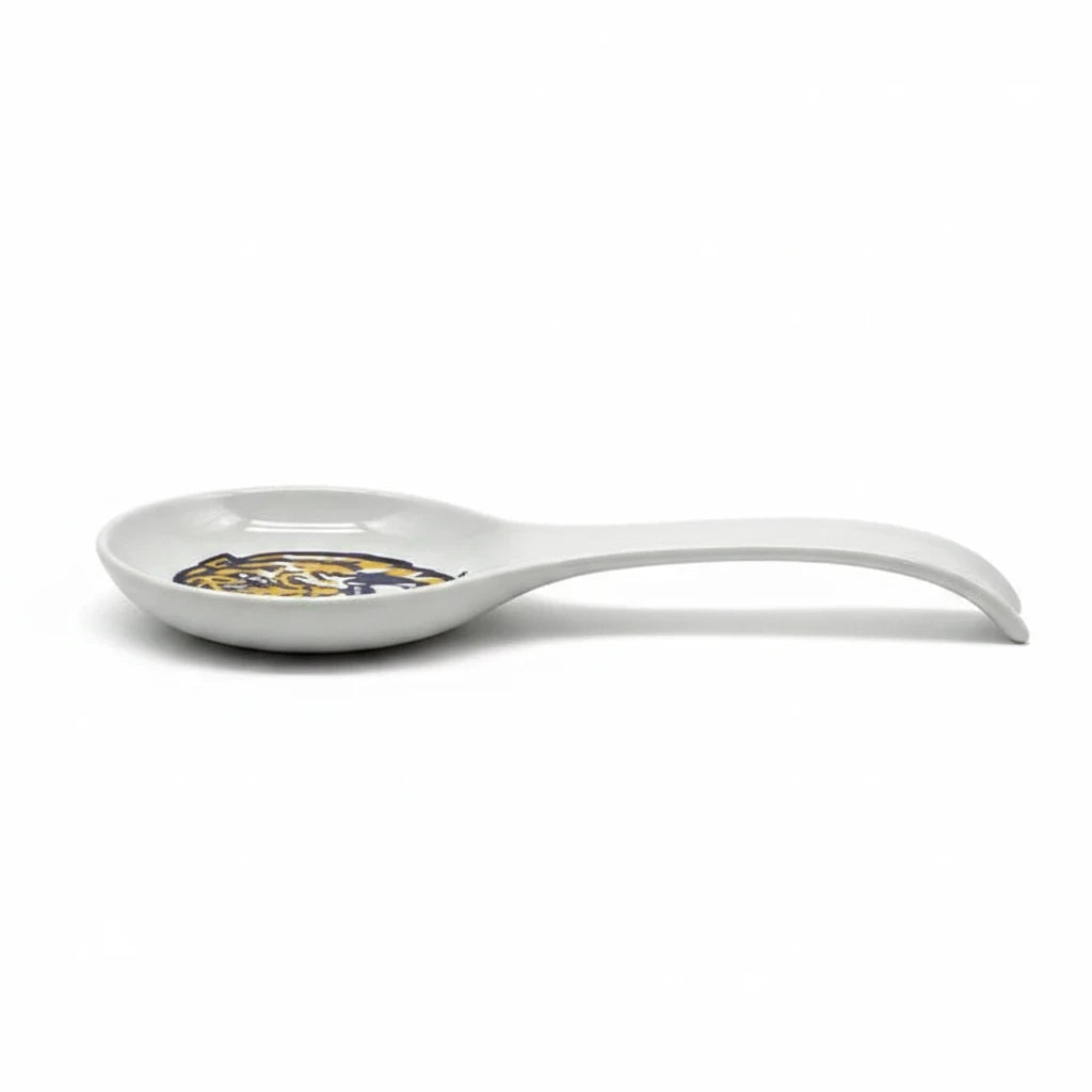 FULL MOOD white ceramic spoon rest featuring the LSU Tigers logo for kitchen countertop protection