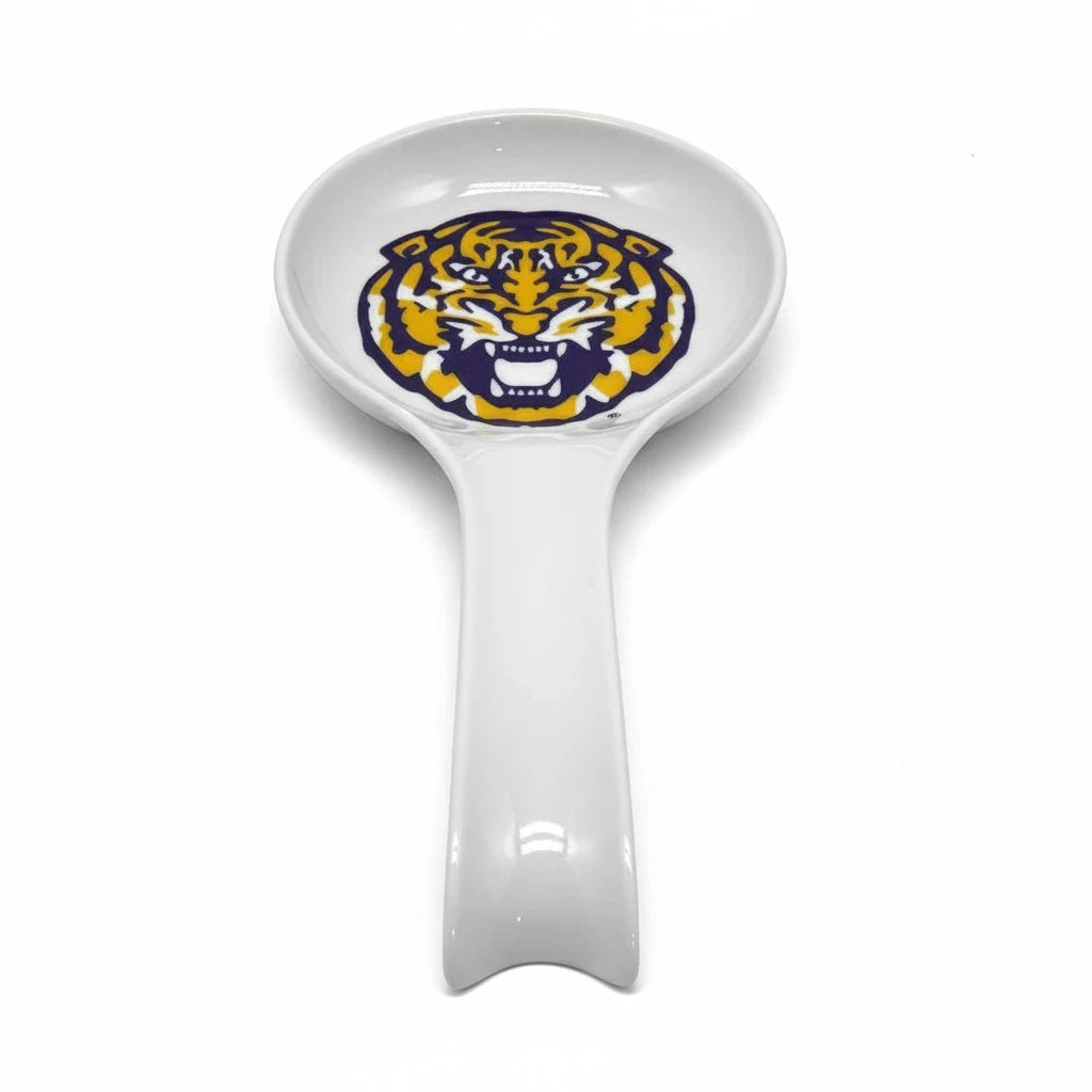 FULL MOOD white ceramic spoon rest featuring a bold LSU Tigers logo for kitchen countertop organization