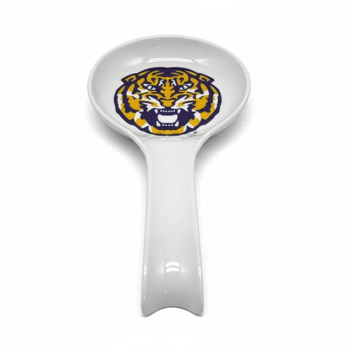 FULL MOOD white ceramic spoon rest featuring a bold LSU Tigers logo for kitchen countertop organization