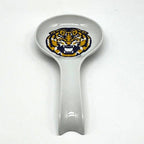 FULL MOOD white ceramic spoon rest featuring a bold LSU Tigers logo for kitchen countertop organization