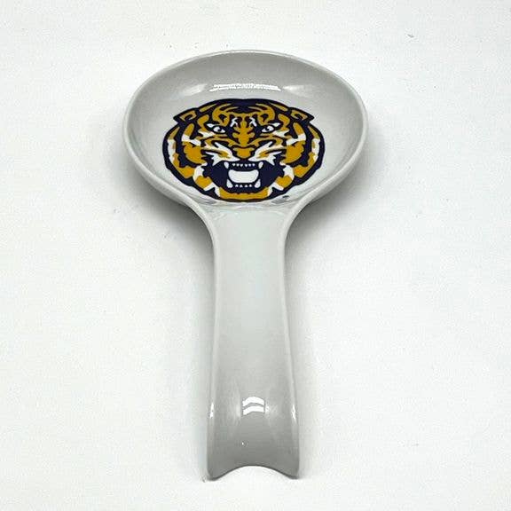 FULL MOOD white ceramic spoon rest featuring a bold LSU Tigers logo for kitchen countertop organization