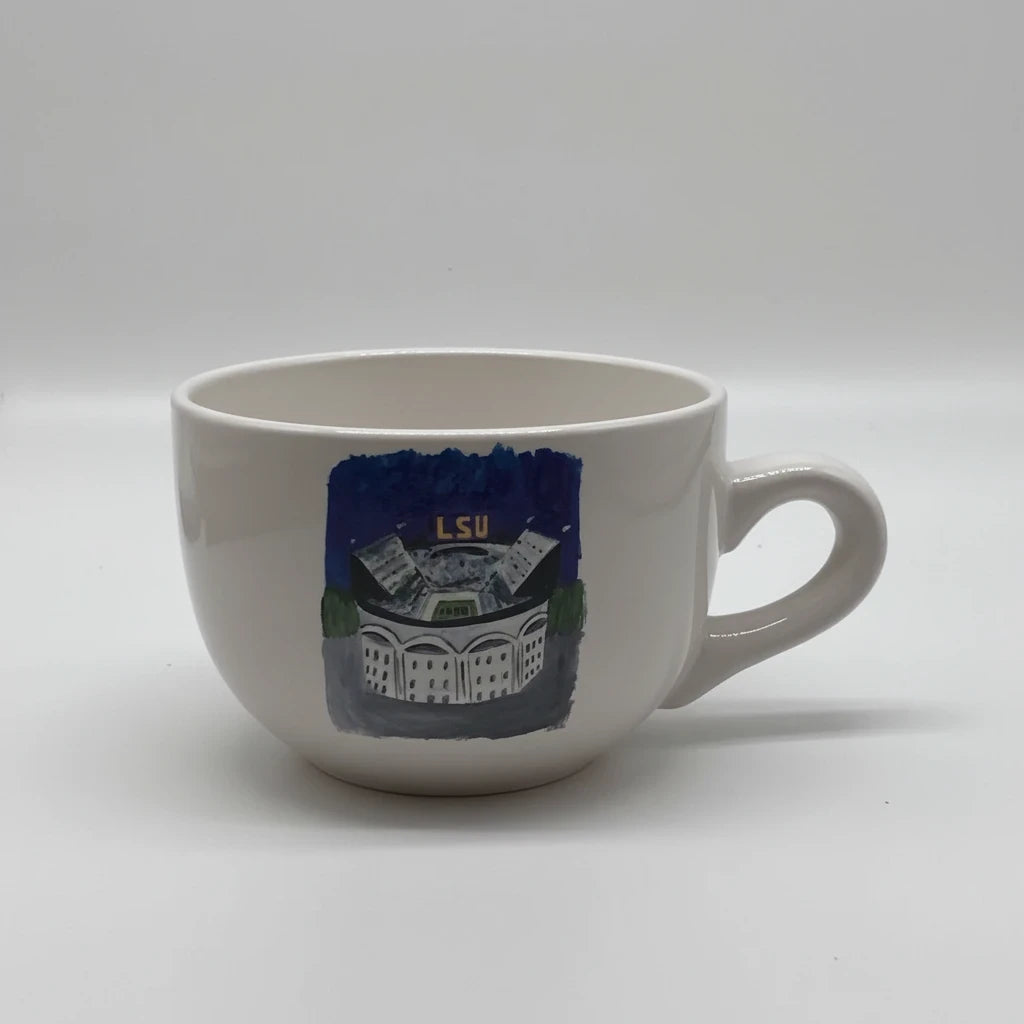 FULL MOOD 24 oz ceramic gumbo mug featuring Paul Schexnayder's original LSU Tiger Stadium artwork
