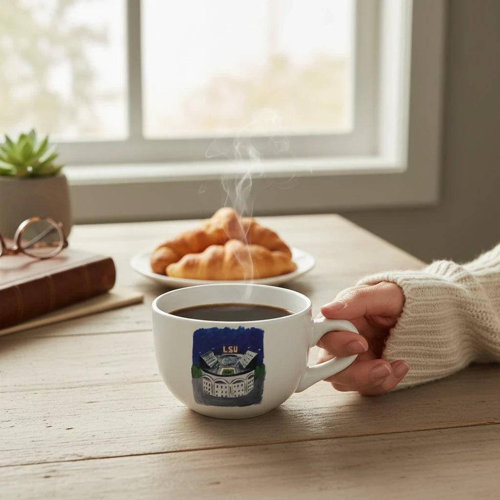 FULL MOOD 24 oz ceramic gumbo mug featuring Tiger Stadium art, held by a person on a wooden table with croissants.
